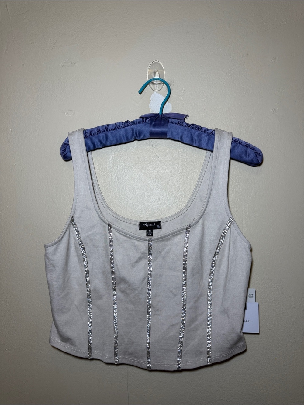 Originality. Ivory Crop Tank with Silver Sequin Stripes